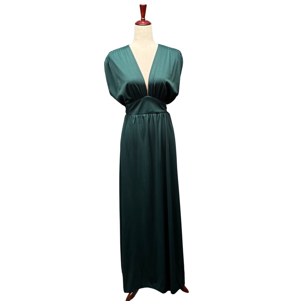 Vtg 70s Rags Kressandra Maxi Dress Green‎ Deep V Neck Evening Gown M Green